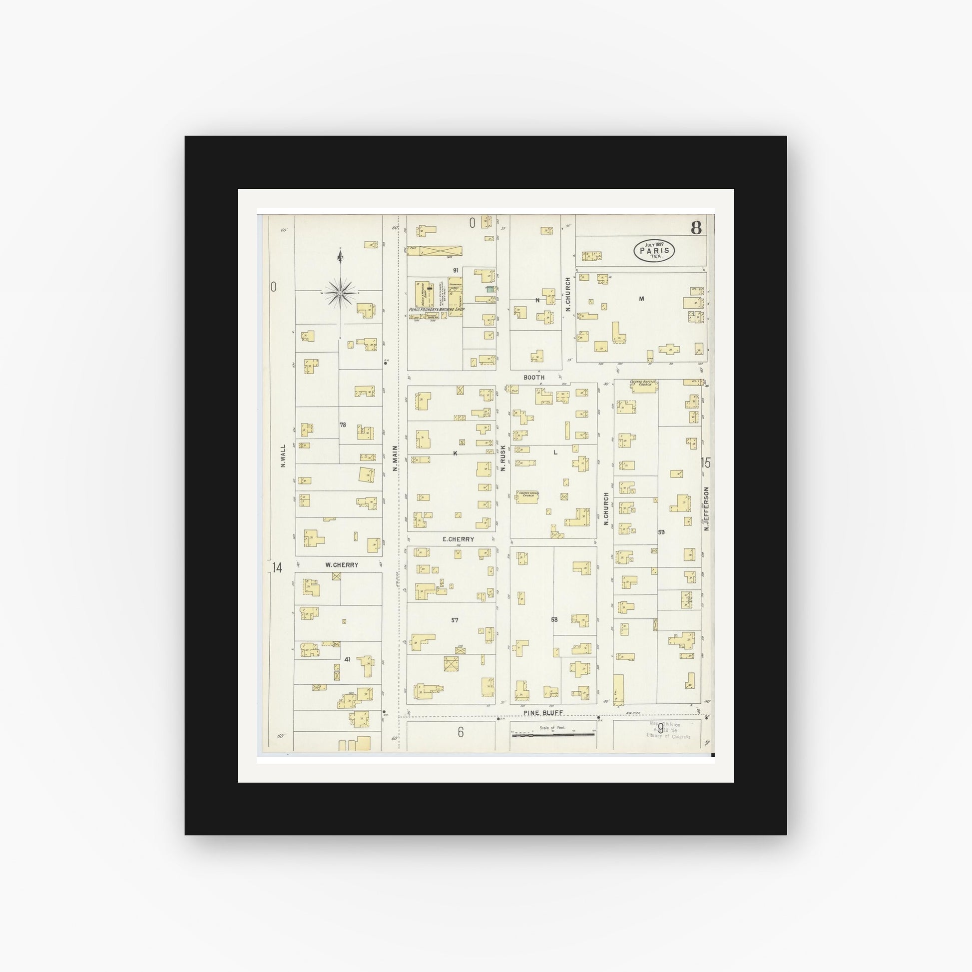 Old map wall art mockup — black gallery frame with white mat — Sanborn Fire Insurance Map from Paris, Lamar County, Texas (1897), Sheet #0008