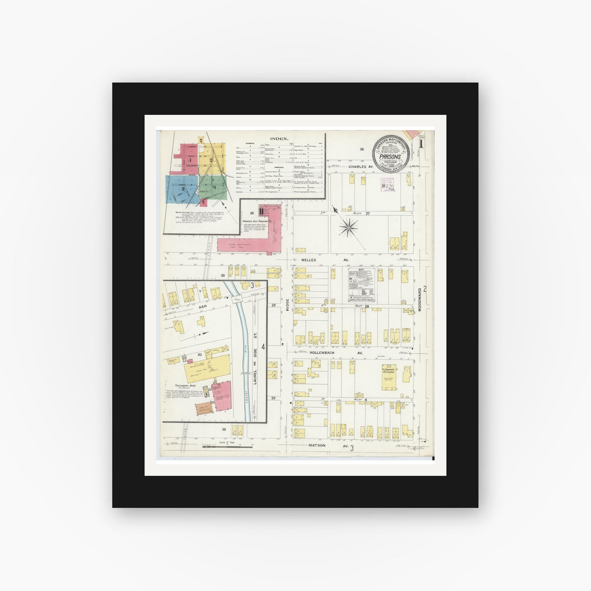 Old map wall art mockup — black gallery frame with white mat — Sanborn Fire Insurance Map from Parsons, Luzerne County, Pennsylvania (1908), Sheet #0001