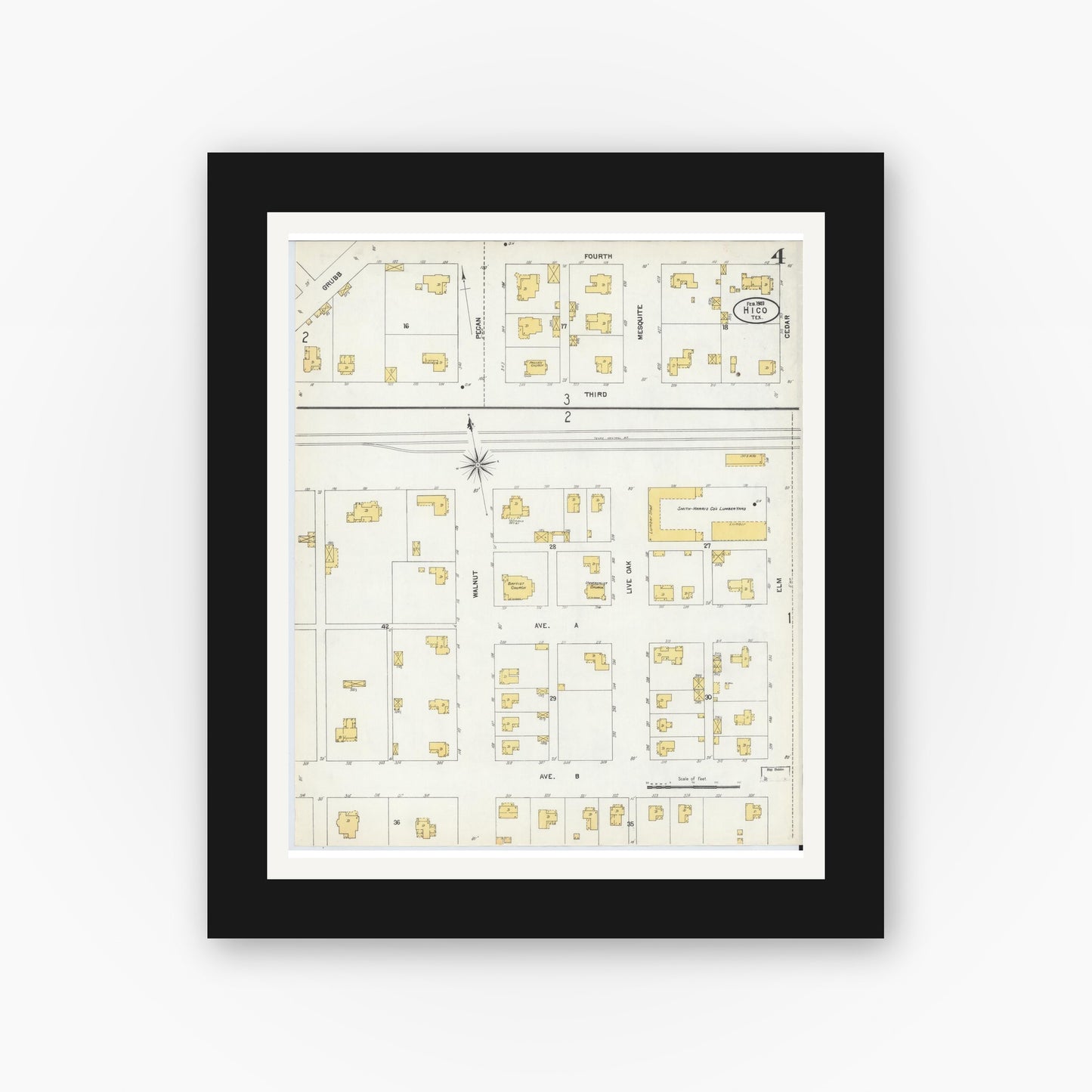 Old map wall art mockup — black gallery frame with white mat — Sanborn Fire Insurance Map from Hico, Hamilton County, Texas (1903), Sheet #0004