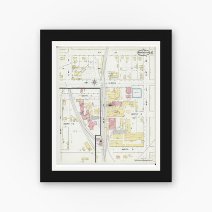 Old map wall art mockup — black gallery frame with white mat — Sanborn Fire Insurance Map from Monmouth, Warren County, Illinois (1892), Sheet #0004