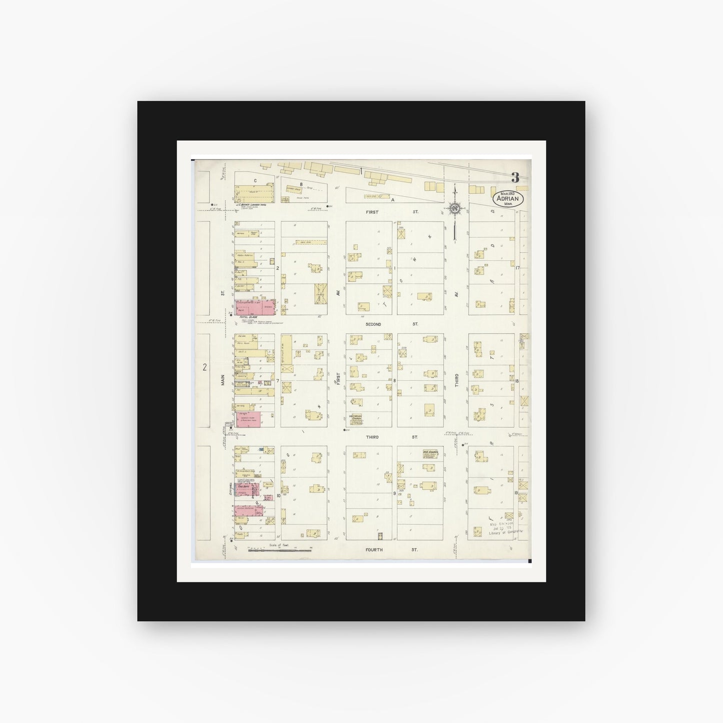 Old map wall art mockup — black gallery frame with white mat — Sanborn Fire Insurance Map from Adrian, Nobles County, Minnesota (1913), Sheet #0003
