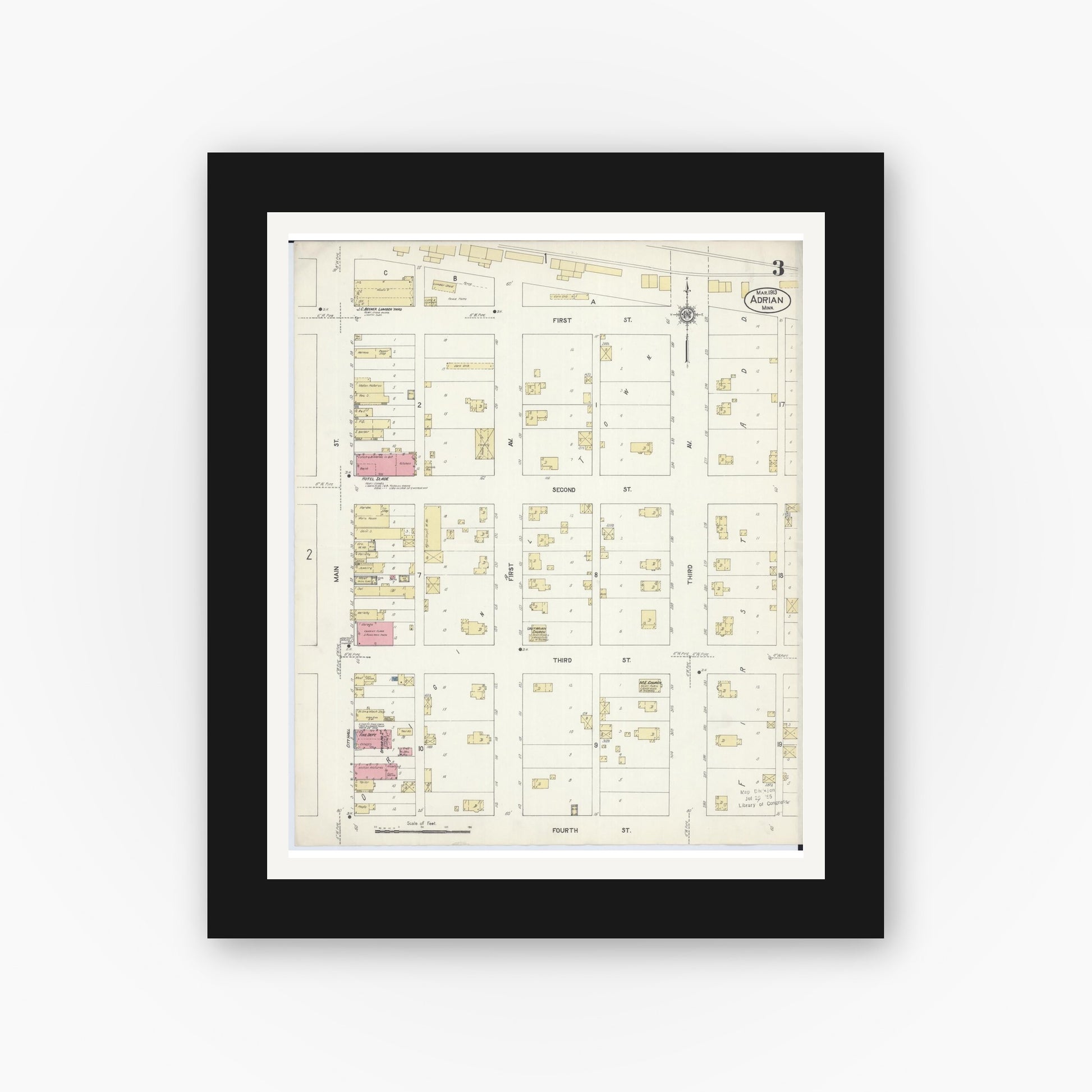 Old map wall art mockup — black gallery frame with white mat — Sanborn Fire Insurance Map from Adrian, Nobles County, Minnesota (1913), Sheet #0003