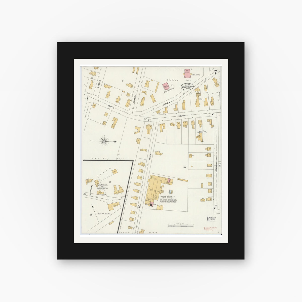 Old map wall art mockup — black gallery frame with white mat — Sanborn Fire Insurance Map from Westboro, Worcester County, Massachusetts (1899), Sheet #0007