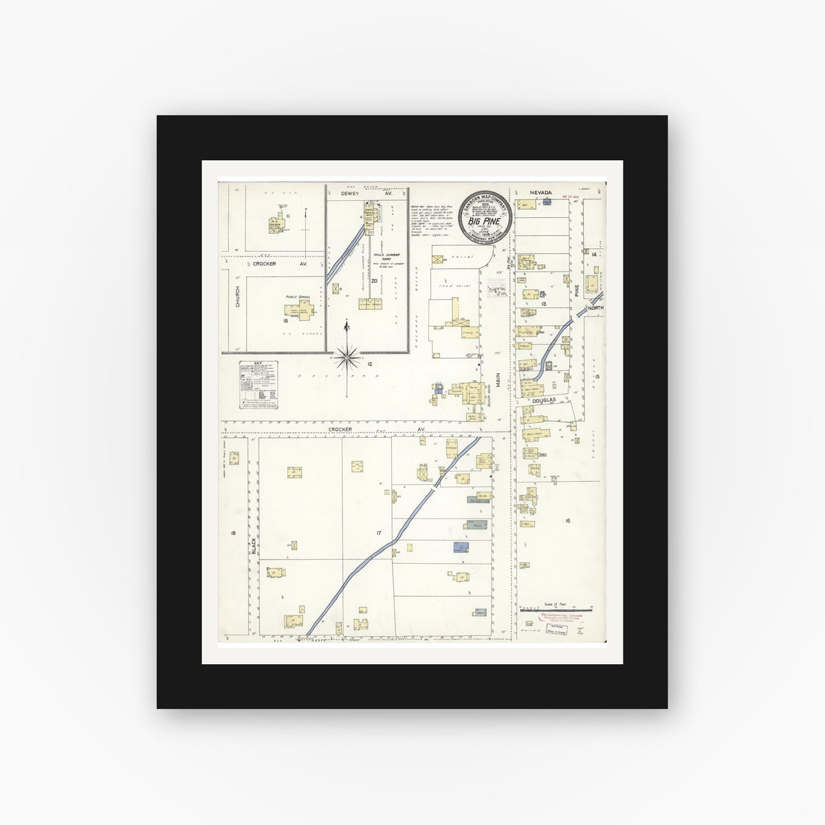 Old map wall art mockup — black gallery frame with white mat — Sanborn Fire Insurance Map from Big Pine, Inyo County, California (1909), Sheet #0001