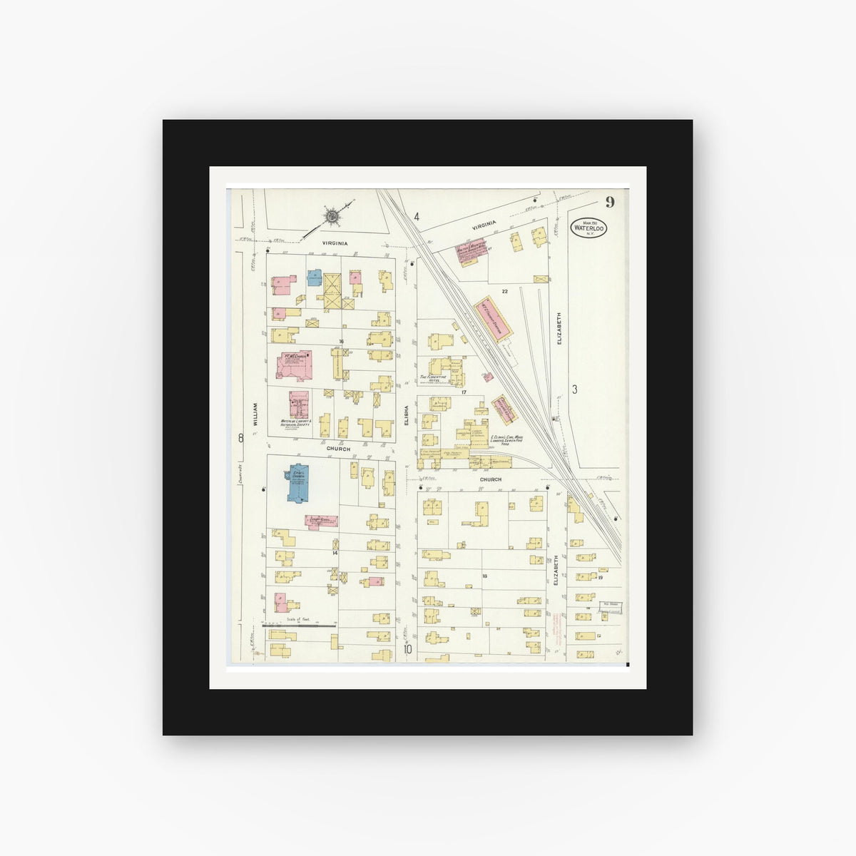 Old map wall art mockup — black gallery frame with white mat — Sanborn Fire Insurance Map from Waterloo, Seneca County, New York (1911), Sheet #0009