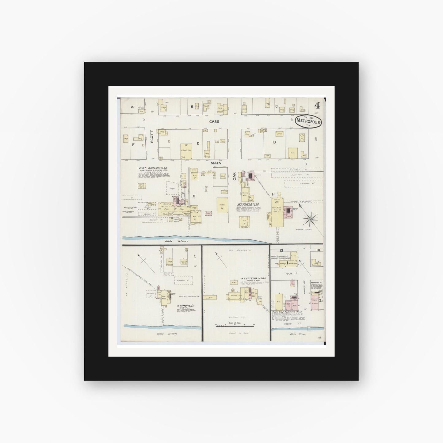Old map wall art mockup — black gallery frame with white mat — Sanborn Fire Insurance Map from Metropolis, Massac County, Illinois (1888), Sheet #0004