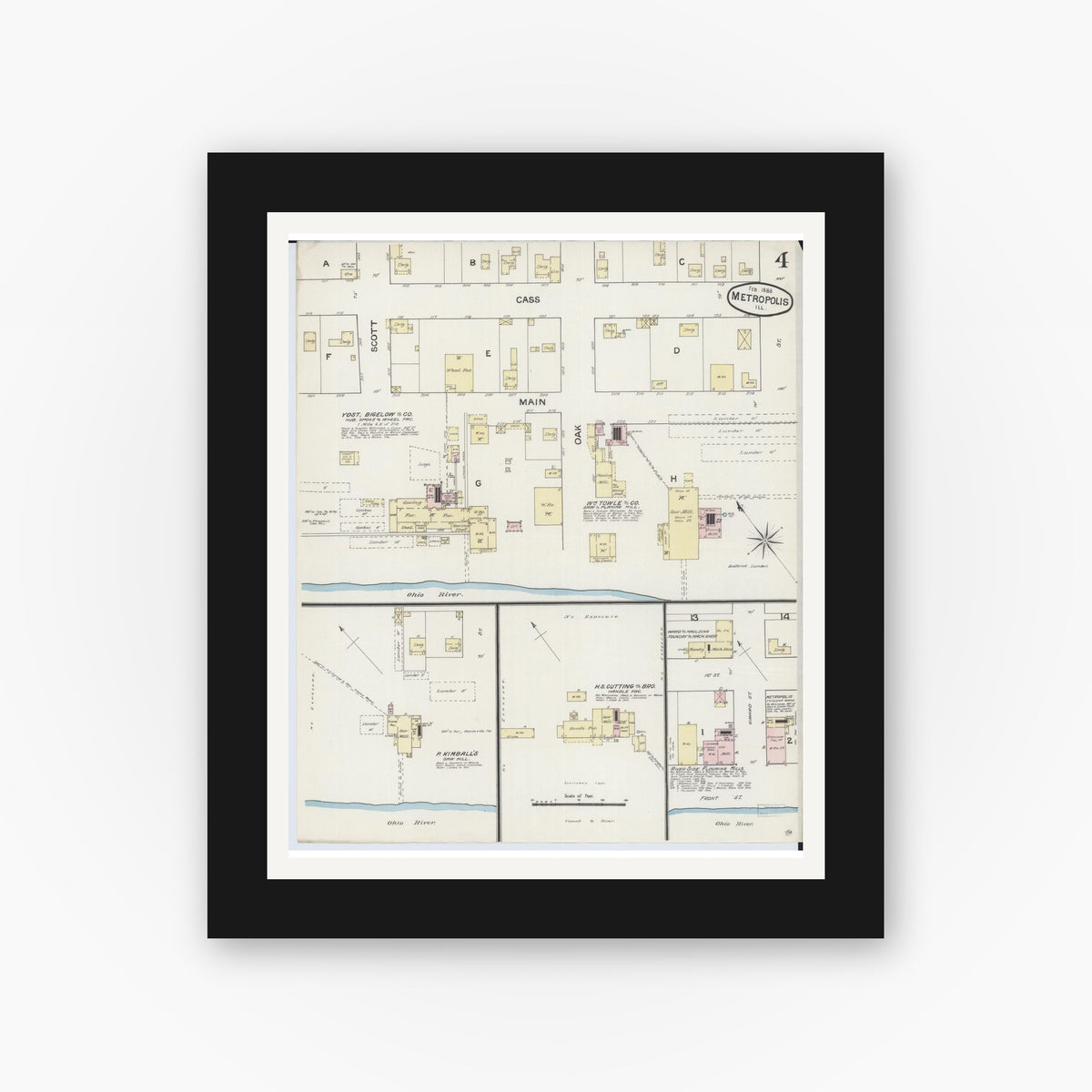 Old map wall art mockup — black gallery frame with white mat — Sanborn Fire Insurance Map from Metropolis, Massac County, Illinois (1888), Sheet #0004