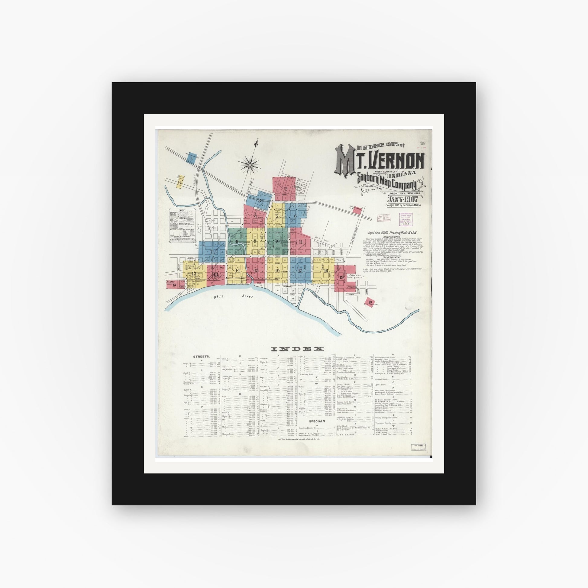 Old map wall art mockup — black gallery frame with white mat — Sanborn Fire Insurance Map from Mount Vernon, Posey County, Indiana (1907) - Complete Map Set