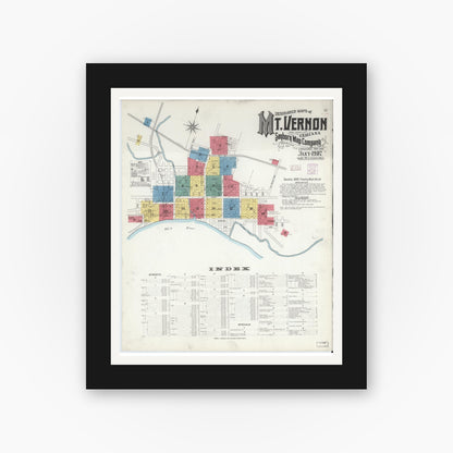 Old map wall art mockup — black gallery frame with white mat — Sanborn Fire Insurance Map from Mount Vernon, Posey County, Indiana (1907) - Complete Map Set