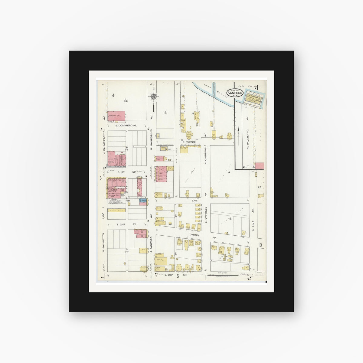 Old map wall art mockup — black gallery frame with white mat — Sanborn Fire Insurance Map from Sanford, Seminole County, Florida (1917), Sheet #0004