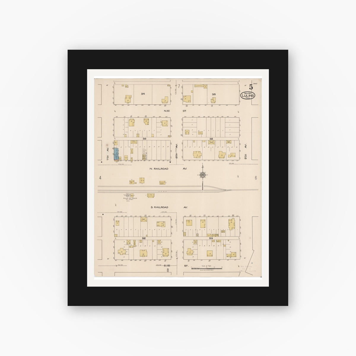 Old map wall art mockup — black gallery frame with white mat — Sanborn Fire Insurance Map from Luling, Caldwell County, Texas (1921), Sheet #0005