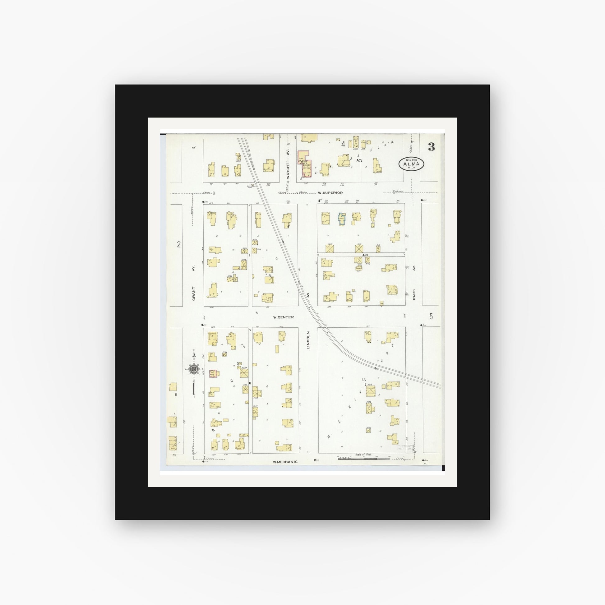 Old map wall art mockup — black gallery frame with white mat — Sanborn Fire Insurance Map from Alma, Gratiot County, Michigan (1910), Sheet #0003