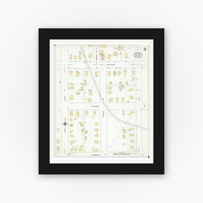 Old map wall art mockup — black gallery frame with white mat — Sanborn Fire Insurance Map from Alma, Gratiot County, Michigan (1910), Sheet #0003