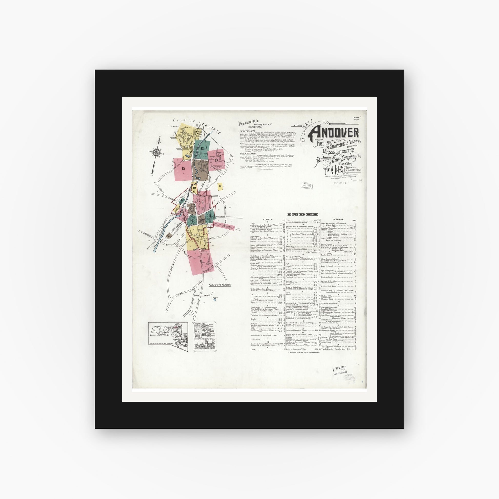 Old map wall art mockup — black gallery frame with white mat — Sanborn Fire Insurance Map from Andover, Essex County, Massachusetts (1923), Sheet #0001