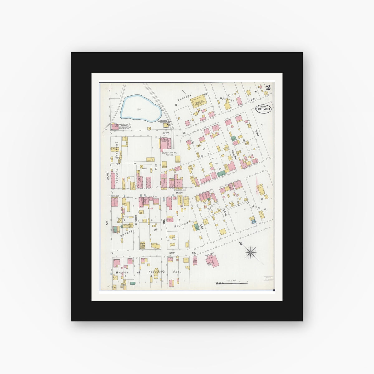 Old map wall art mockup — black gallery frame with white mat — Sanborn Fire Insurance Map from Columbia, Monroe County, Illinois (1899), Sheet #0002