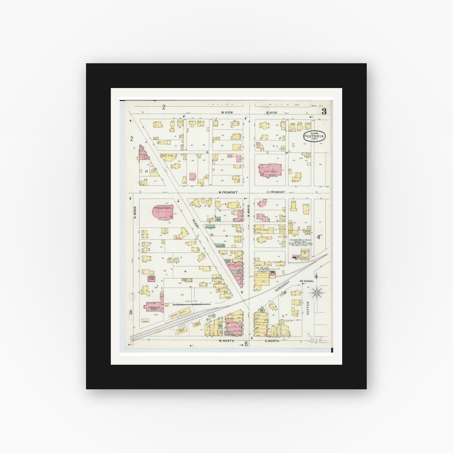 Old map wall art mockup — black gallery frame with white mat — Sanborn Fire Insurance Map from Fostoria, Seneca, Hancock, And Wood Counties, Ohio (1896), Sheet #0003