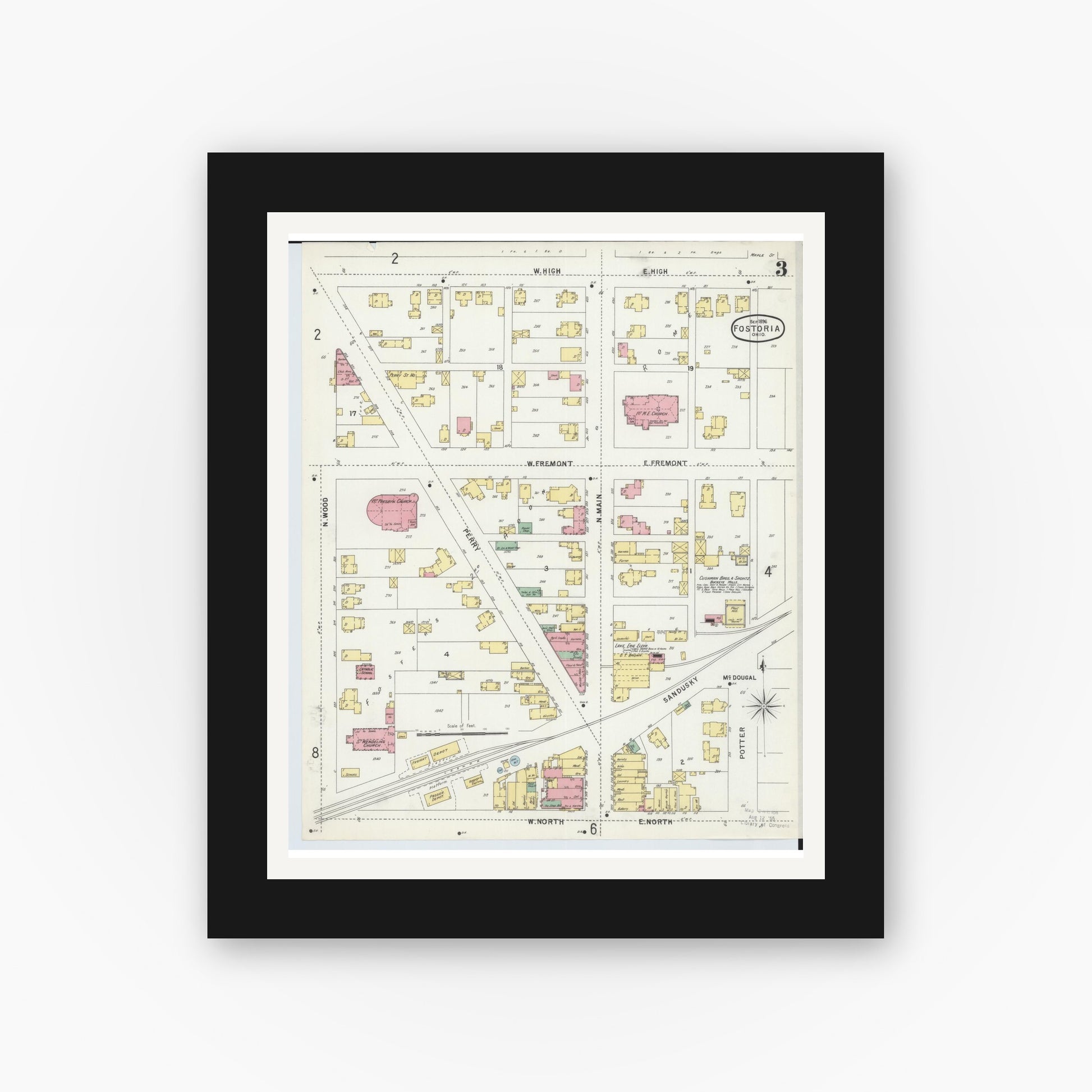 Old map wall art mockup — black gallery frame with white mat — Sanborn Fire Insurance Map from Fostoria, Seneca, Hancock, And Wood Counties, Ohio (1896), Sheet #0003