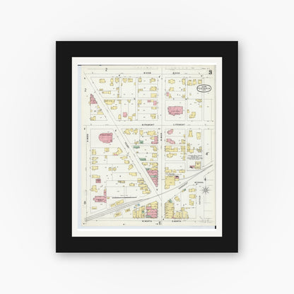 Old map wall art mockup — black gallery frame with white mat — Sanborn Fire Insurance Map from Fostoria, Seneca, Hancock, And Wood Counties, Ohio (1896), Sheet #0003