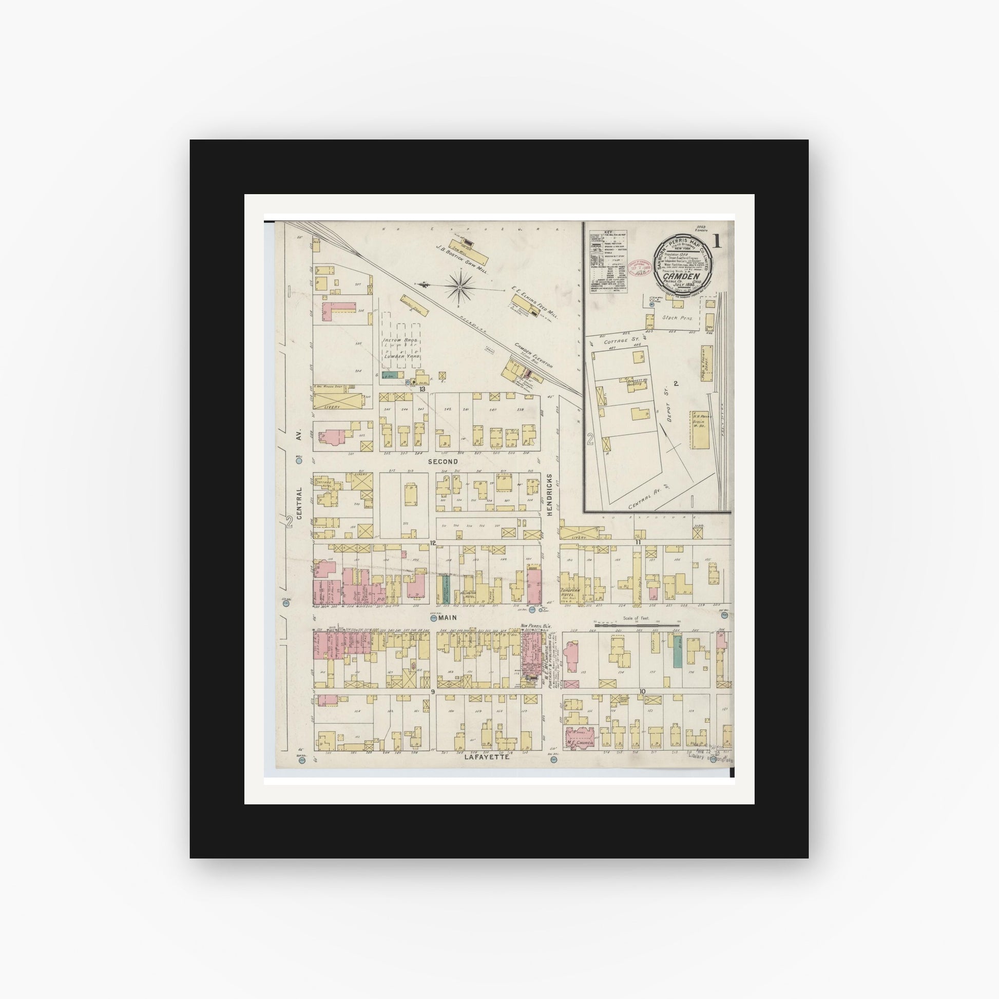 Old map wall art mockup — black gallery frame with white mat — Sanborn Fire Insurance Map from Camden, Preble County, Ohio (1895) - Complete Map Set