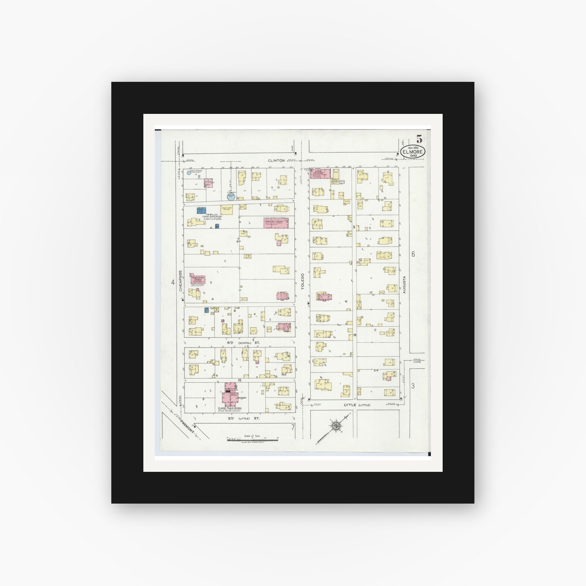 Old map wall art mockup — black gallery frame with white mat — Sanborn Fire Insurance Map from Elmore, Ottawa County, Ohio (1920), Sheet #0005