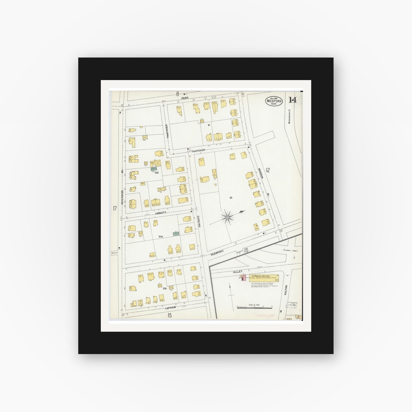 Old map wall art mockup — black gallery frame with white mat — Sanborn Fire Insurance Map from Medford, Middlesex County, Massachusetts (1903), Sheet #0014
