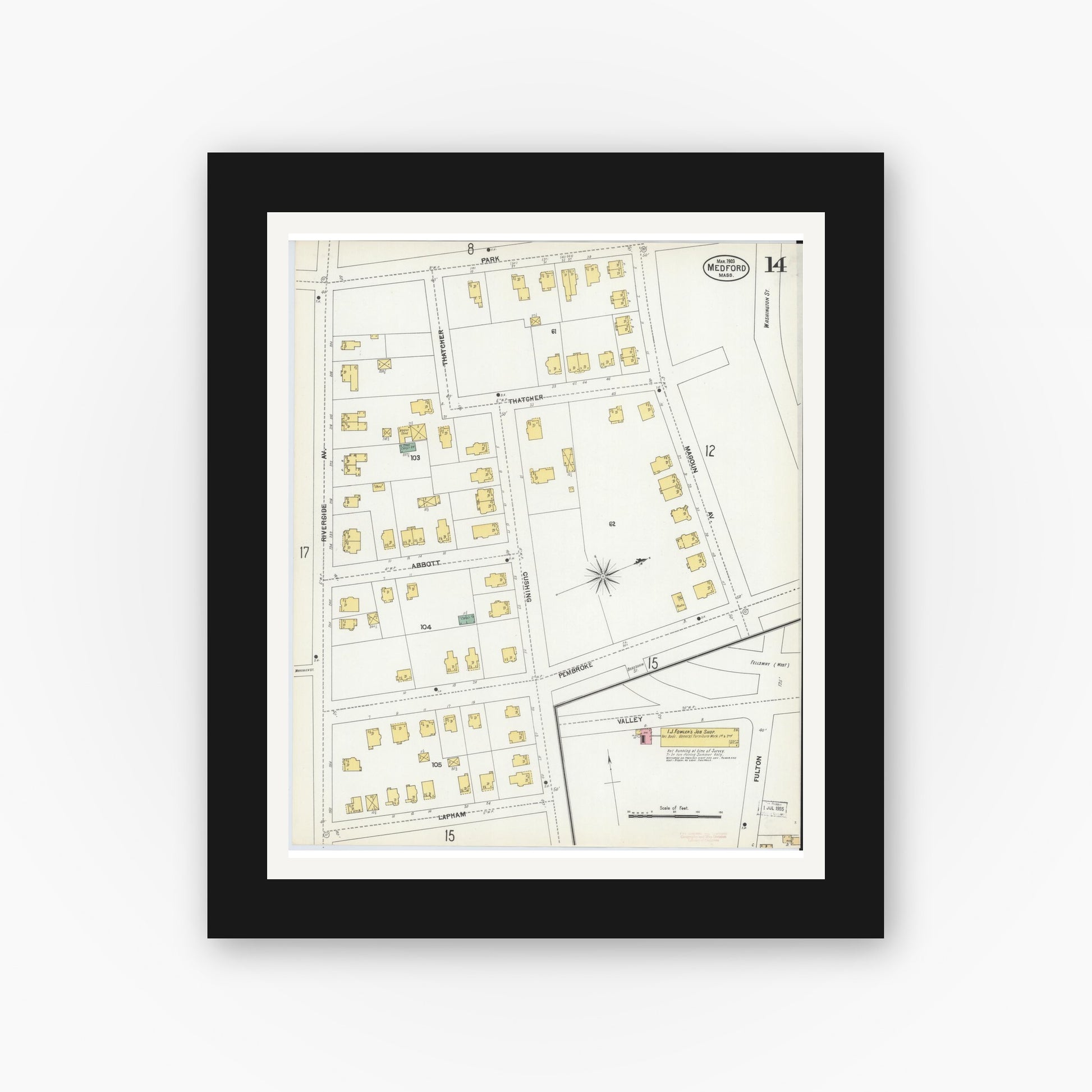 Old map wall art mockup — black gallery frame with white mat — Sanborn Fire Insurance Map from Medford, Middlesex County, Massachusetts (1903), Sheet #0014