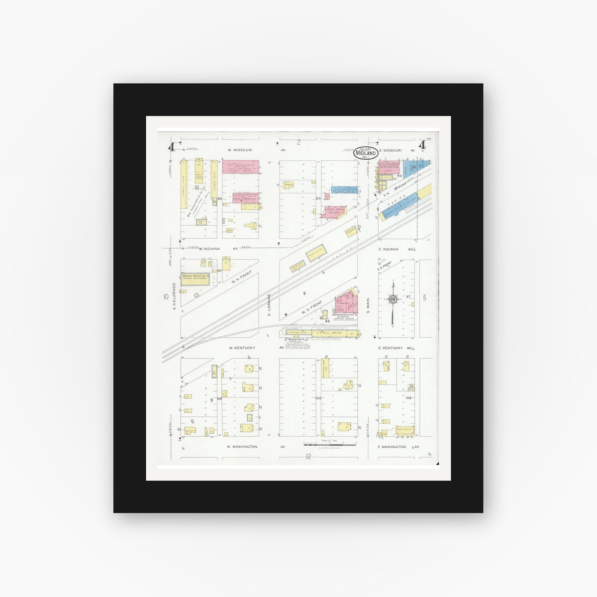 Old map wall art mockup — black gallery frame with white mat — Sanborn Fire Insurance Map from Midland, Midland County, Texas (1929), Sheet #0004