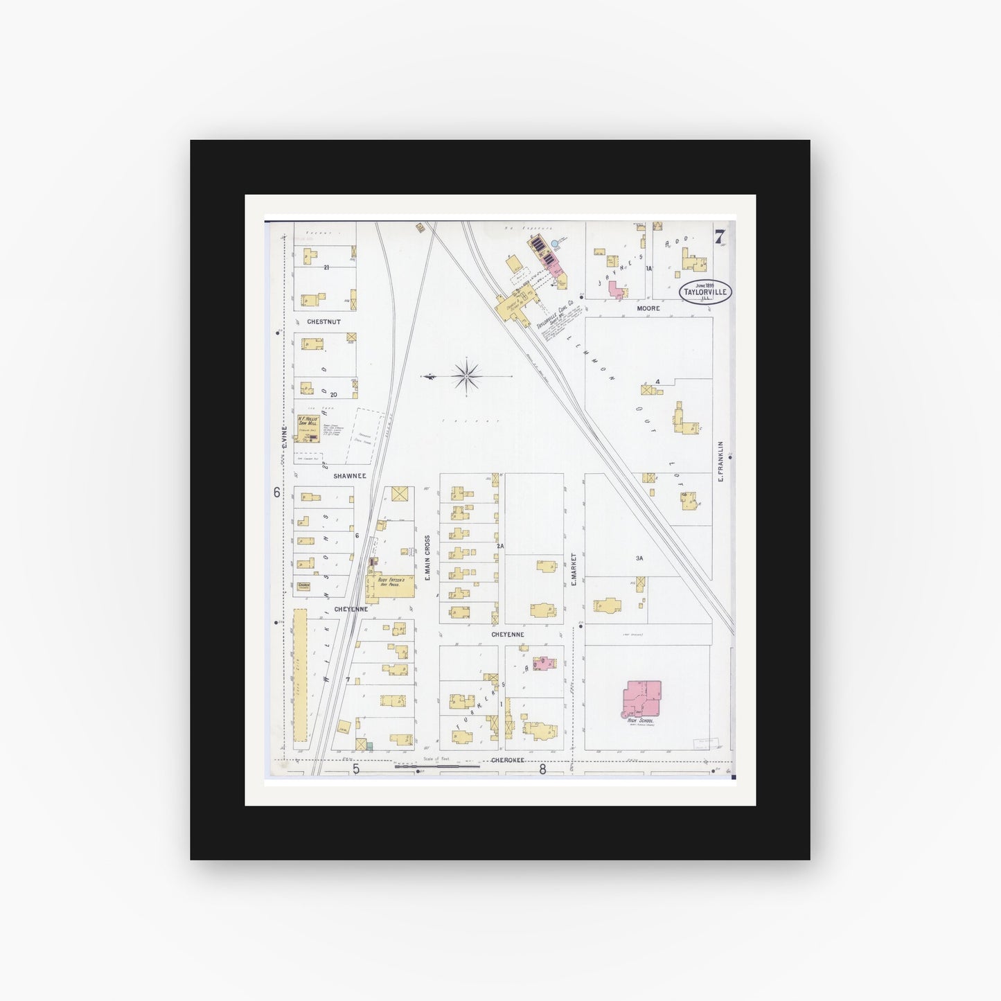 Old map wall art mockup — black gallery frame with white mat — Sanborn Fire Insurance Map from Taylorville, Christian County, Illinois (1899), Sheet #0007