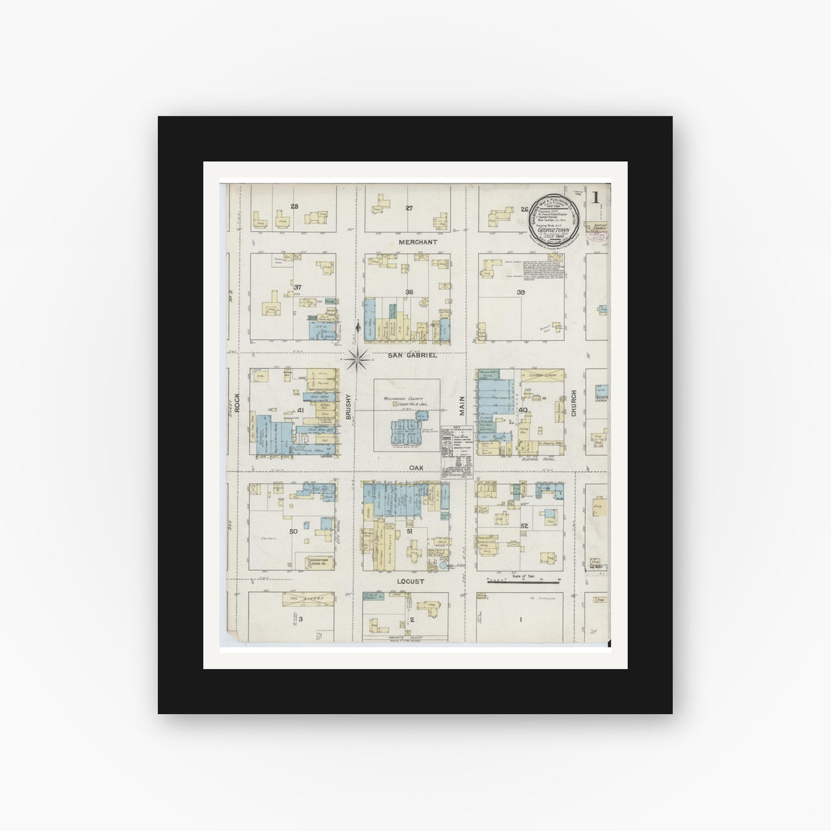 Old map wall art mockup — black gallery frame with white mat — Sanborn Fire Insurance Map from Georgetown, Williamson County, Texas (1889), Sheet #0001