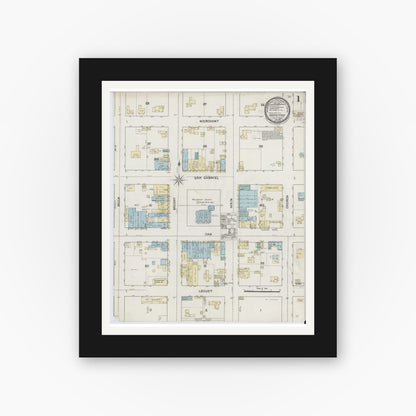 Old map wall art mockup — black gallery frame with white mat — Sanborn Fire Insurance Map from Georgetown, Williamson County, Texas (1889), Sheet #0001