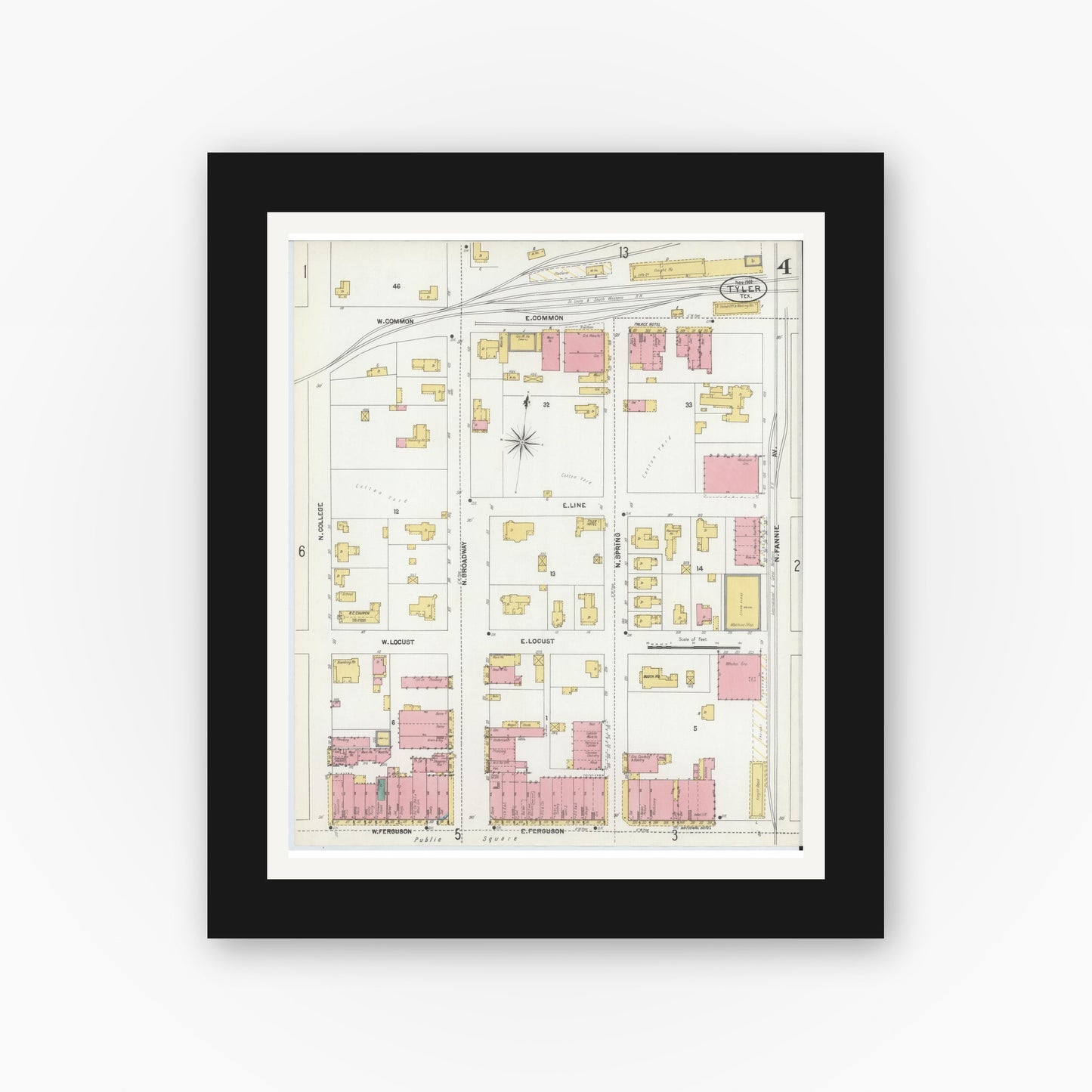 Old map wall art mockup — black gallery frame with white mat — Sanborn Fire Insurance Map from Tyler, Smith County, Texas (1902), Sheet #0004