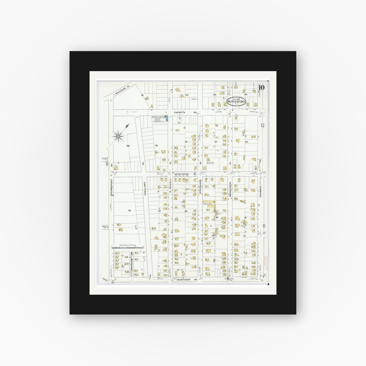 Old map wall art mockup — black gallery frame with white mat — Sanborn Fire Insurance Map from Rutherford, Bergen County, New Jersey (1909), Sheet #0010