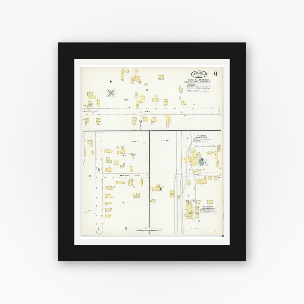 Old map wall art mockup — black gallery frame with white mat — Sanborn Fire Insurance Map from Westfield, Tioga County, Pennsylvania (1907), Sheet #0006