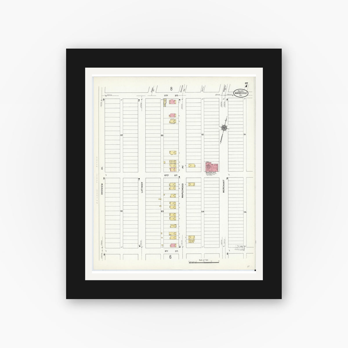 Old map wall art mockup — black gallery frame with white mat — Sanborn Fire Insurance Map from Ambridge, Beaver County, Pennsylvania (1911), Sheet #0007