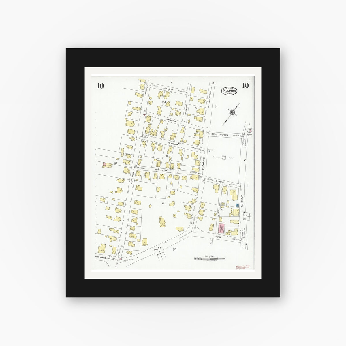 Old map wall art mockup — black gallery frame with white mat — Sanborn Fire Insurance Map from Plymouth, Plymouth County, Massachusetts (1927), Sheet #0010