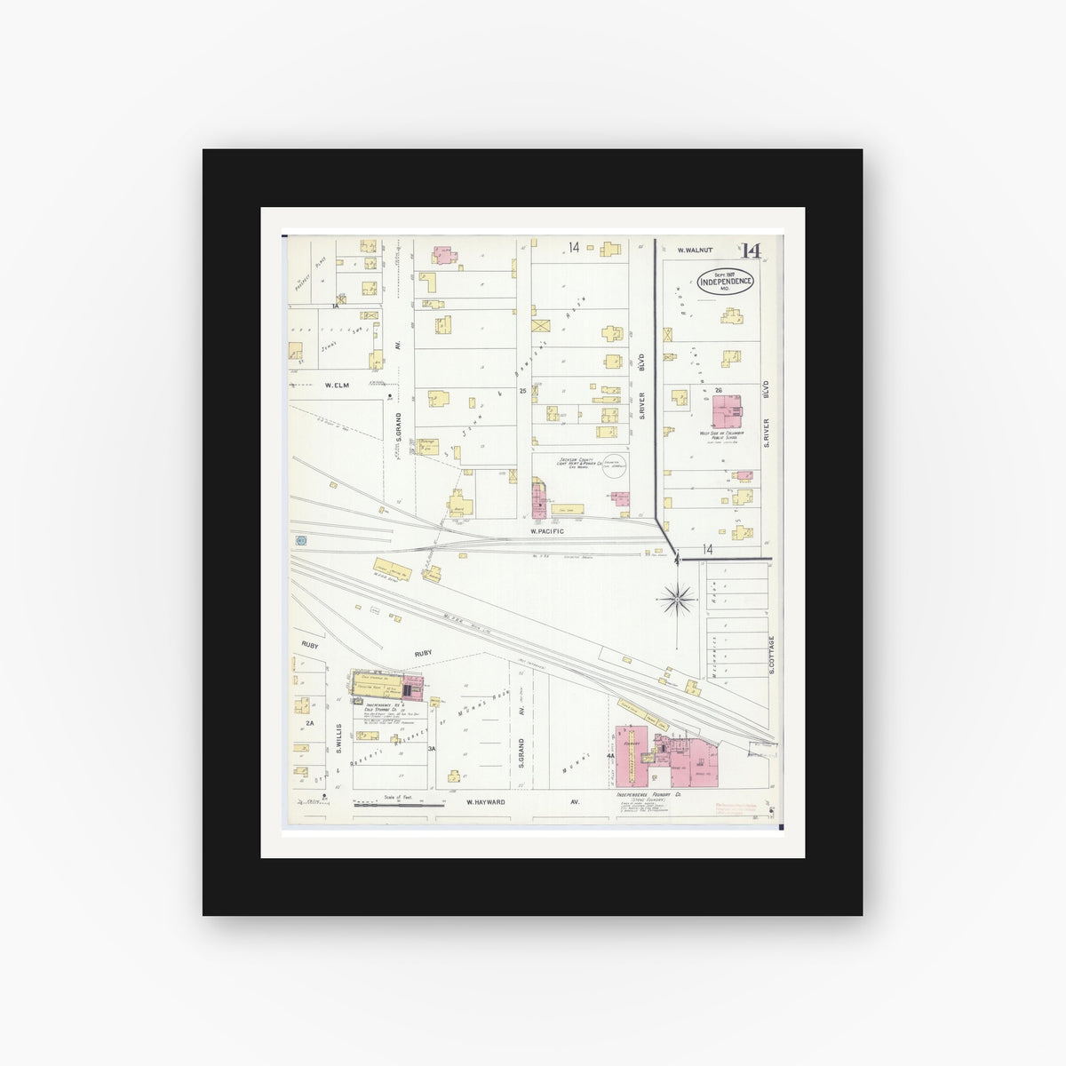 Old map wall art mockup — black gallery frame with white mat — Sanborn Fire Insurance Map from Independence, Jackson County, Missouri (1907), Sheet #0014