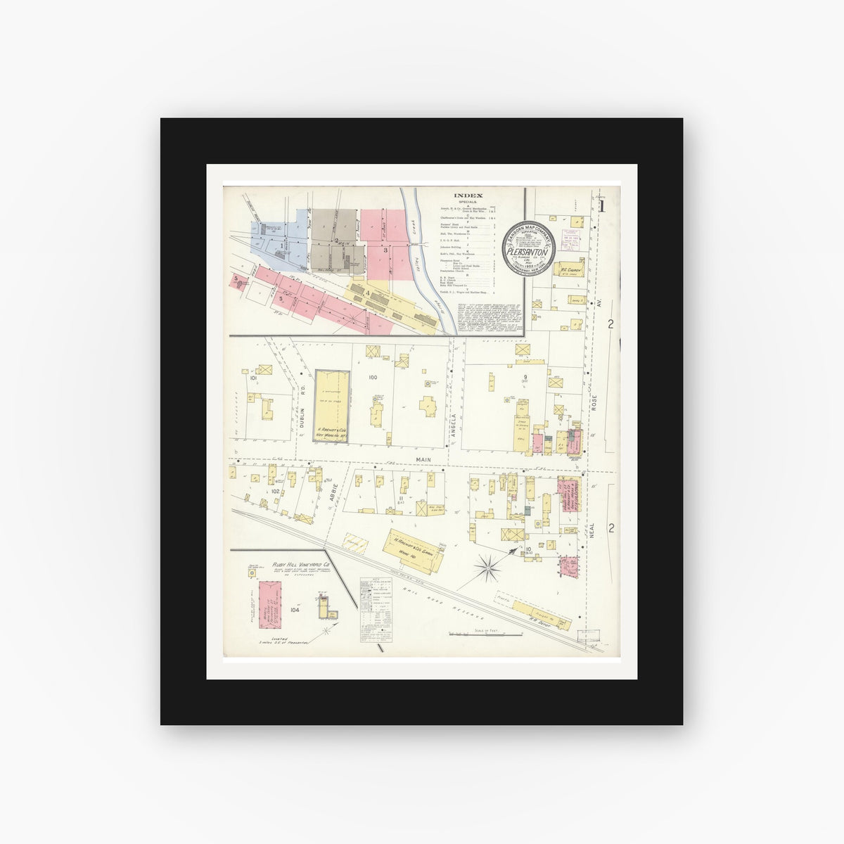 Old map wall art mockup — black gallery frame with white mat — Sanborn Fire Insurance Map from Pleasanton, Alameda County, California (1903) - Complete Map Set