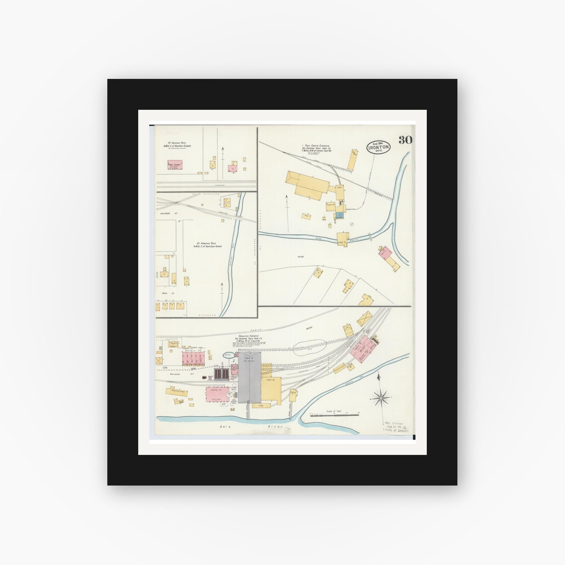 Old map wall art mockup — black gallery frame with white mat — Sanborn Fire Insurance Map from Ironton, Lawrence County, Ohio (1904), Sheet #0030
