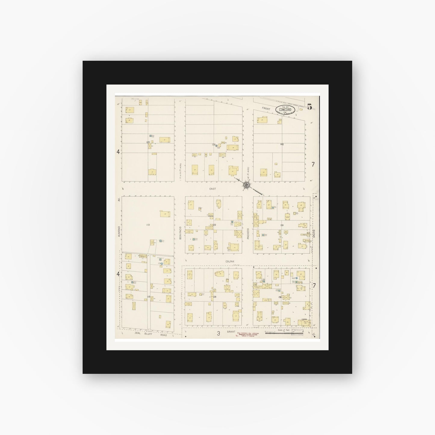 Old map wall art mockup — black gallery frame with white mat — Sanborn Fire Insurance Map from Concord, Contra Costa County, California (1917), Sheet #0005