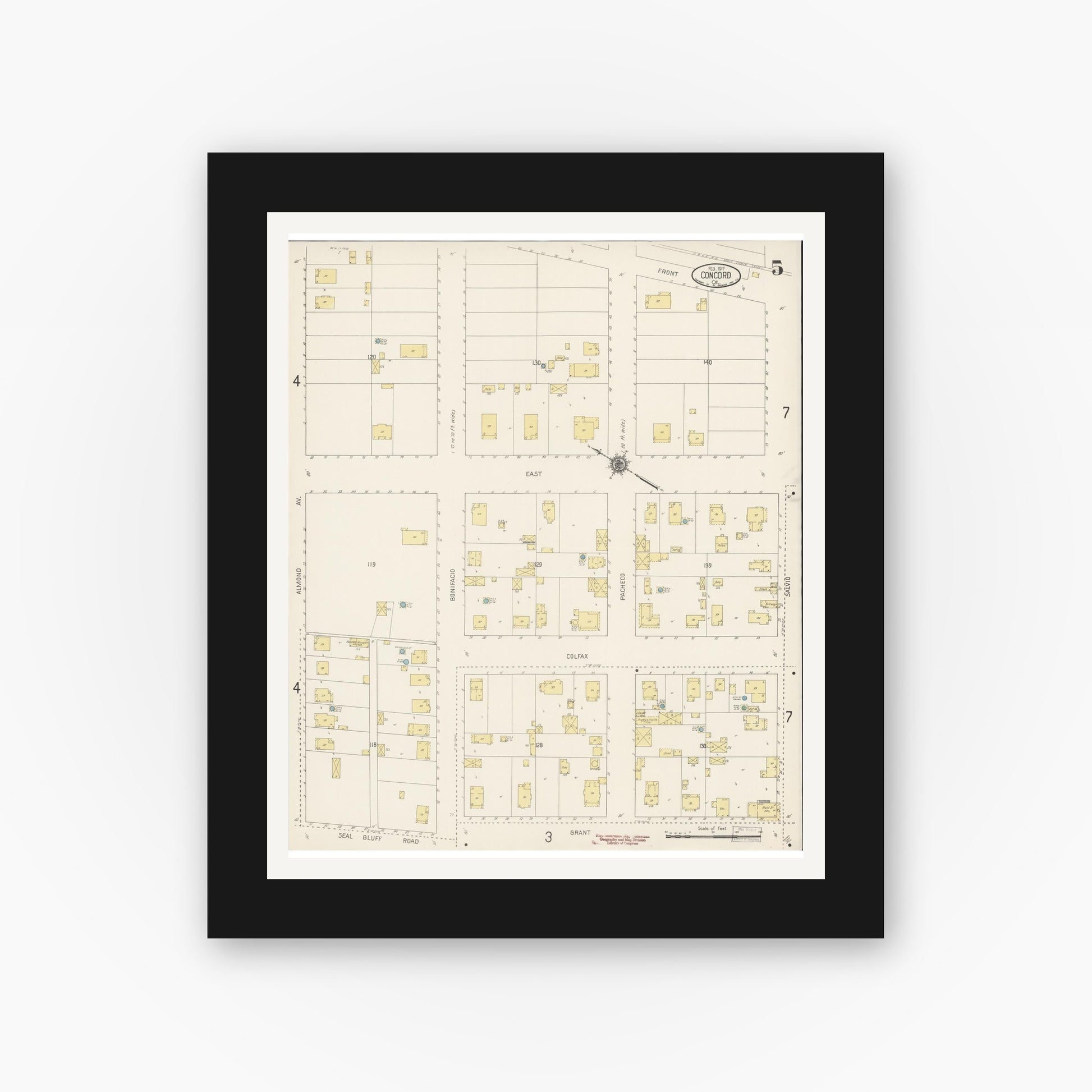 Old map wall art mockup — black gallery frame with white mat — Sanborn Fire Insurance Map from Concord, Contra Costa County, California (1917), Sheet #0005