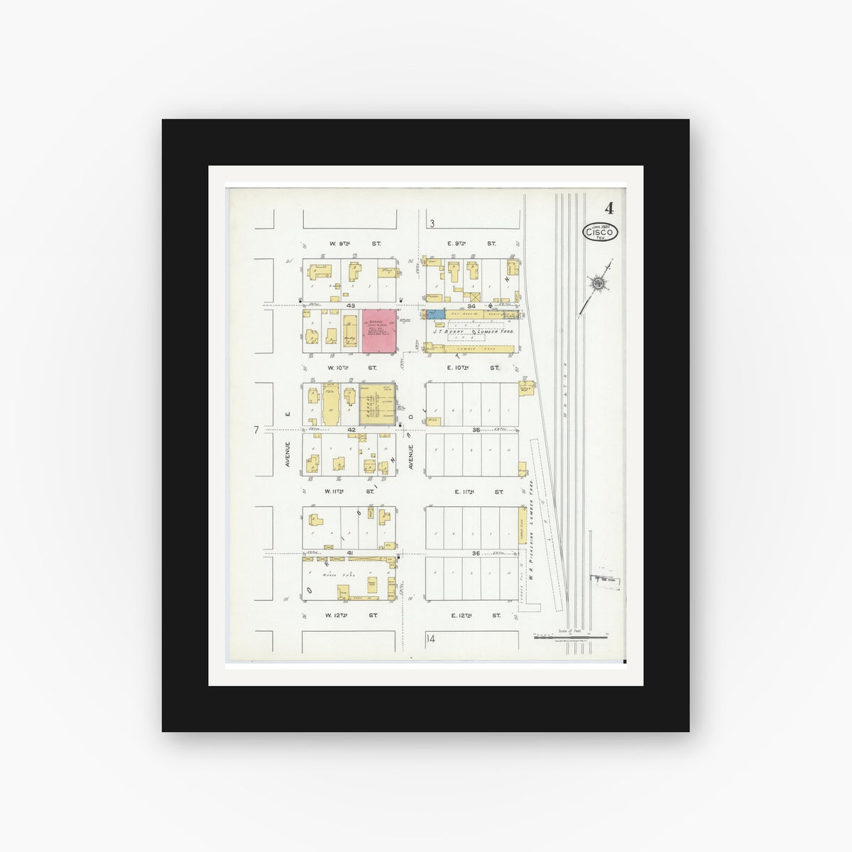 Old map wall art mockup — black gallery frame with white mat — Sanborn Fire Insurance Map from Cisco, Eastland County, Texas (1920), Sheet #0004