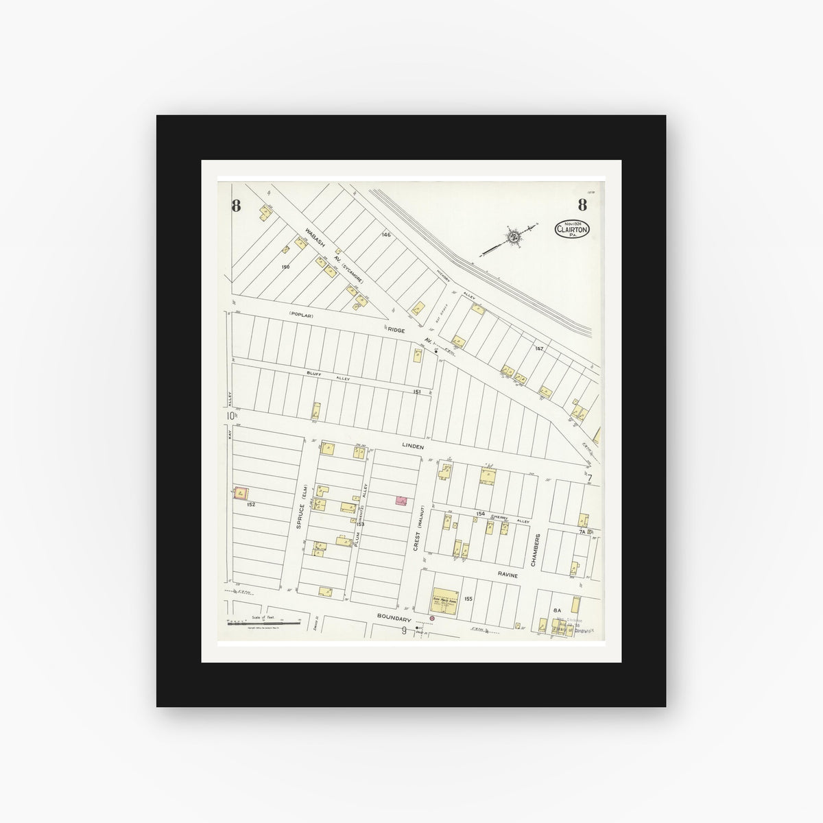 Old map wall art mockup — black gallery frame with white mat — Sanborn Fire Insurance Map from Clairton, Allegheny County, Pennsylvania (1924), Sheet #0008