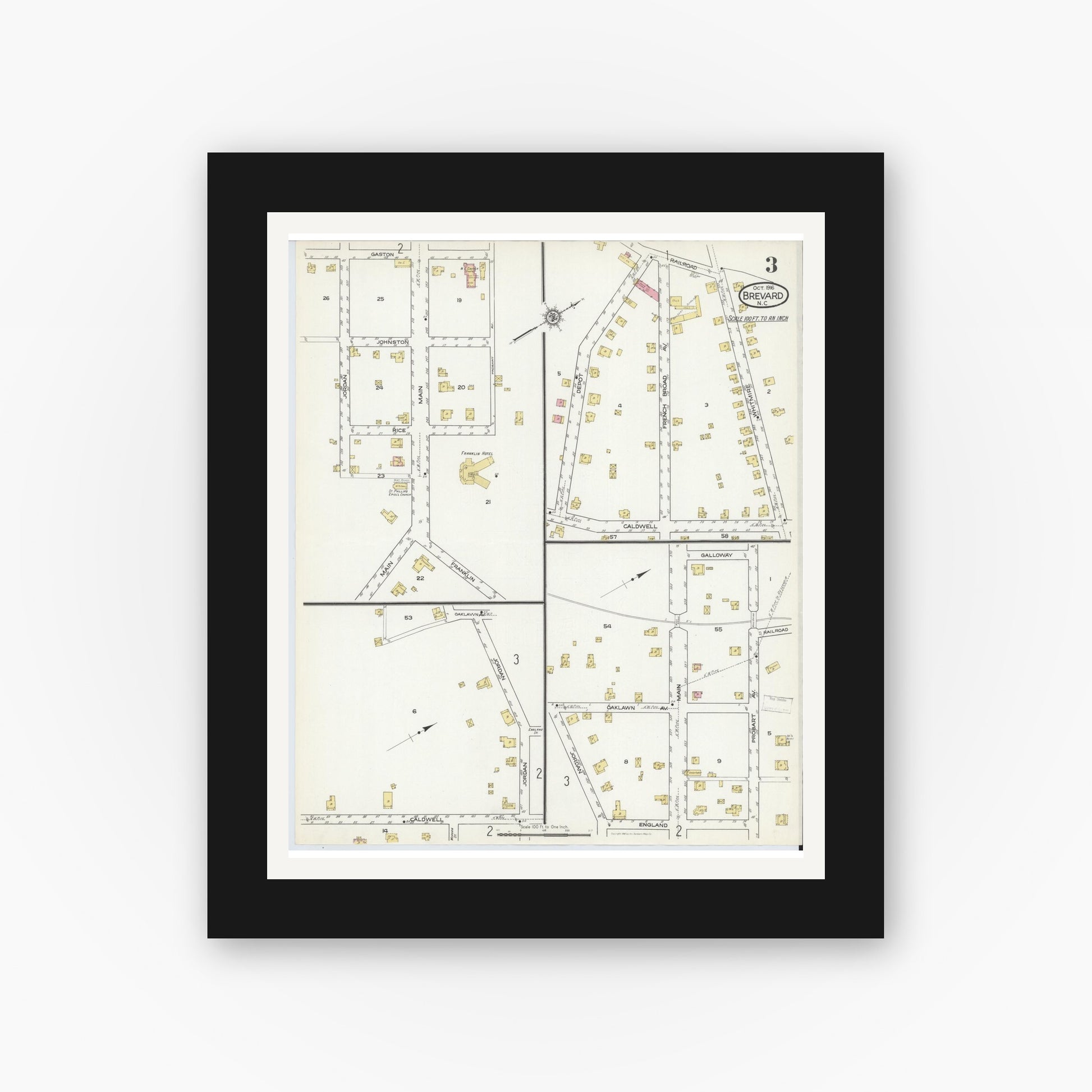 Old map wall art mockup — black gallery frame with white mat — Sanborn Fire Insurance Map from Brevard, Transylvania County, North Carolina (1916), Sheet #0003