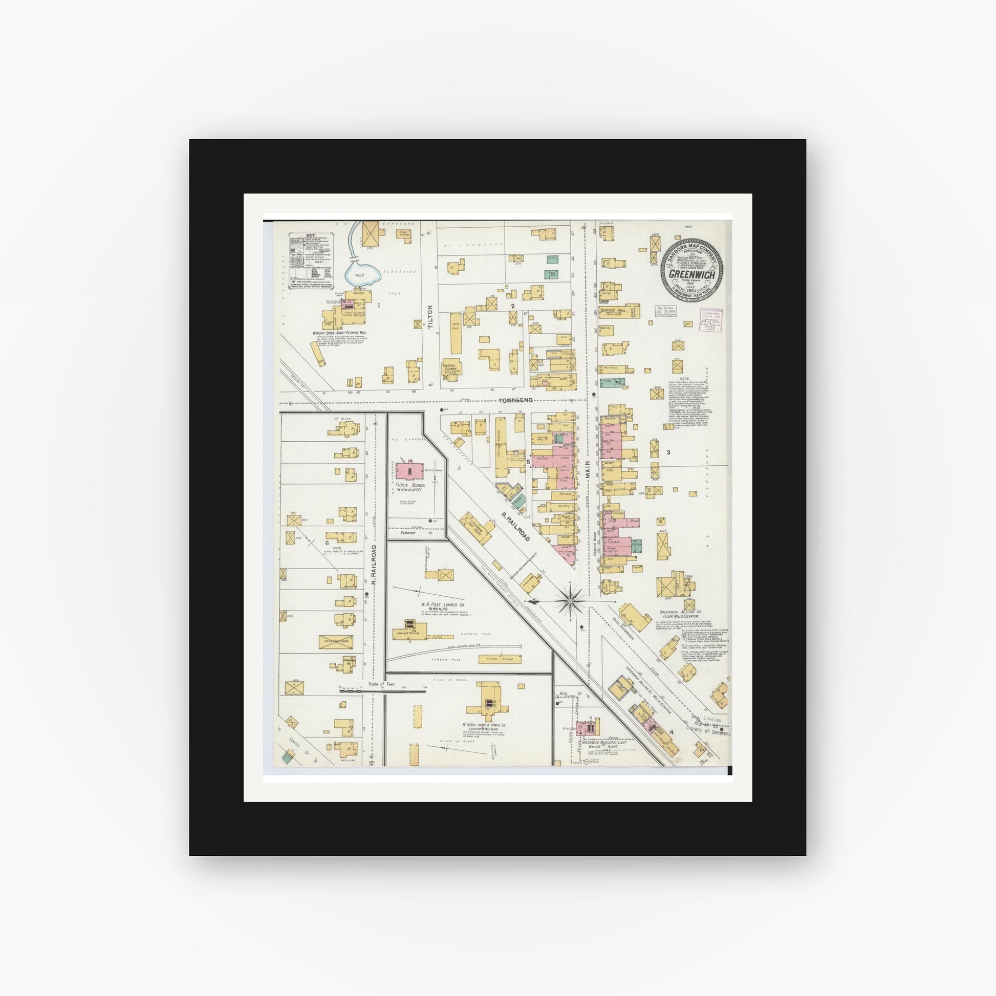 Old map wall art mockup — black gallery frame with white mat — Sanborn Fire Insurance Map from Greenwich, Huron County, Ohio (1904), Sheet #0001