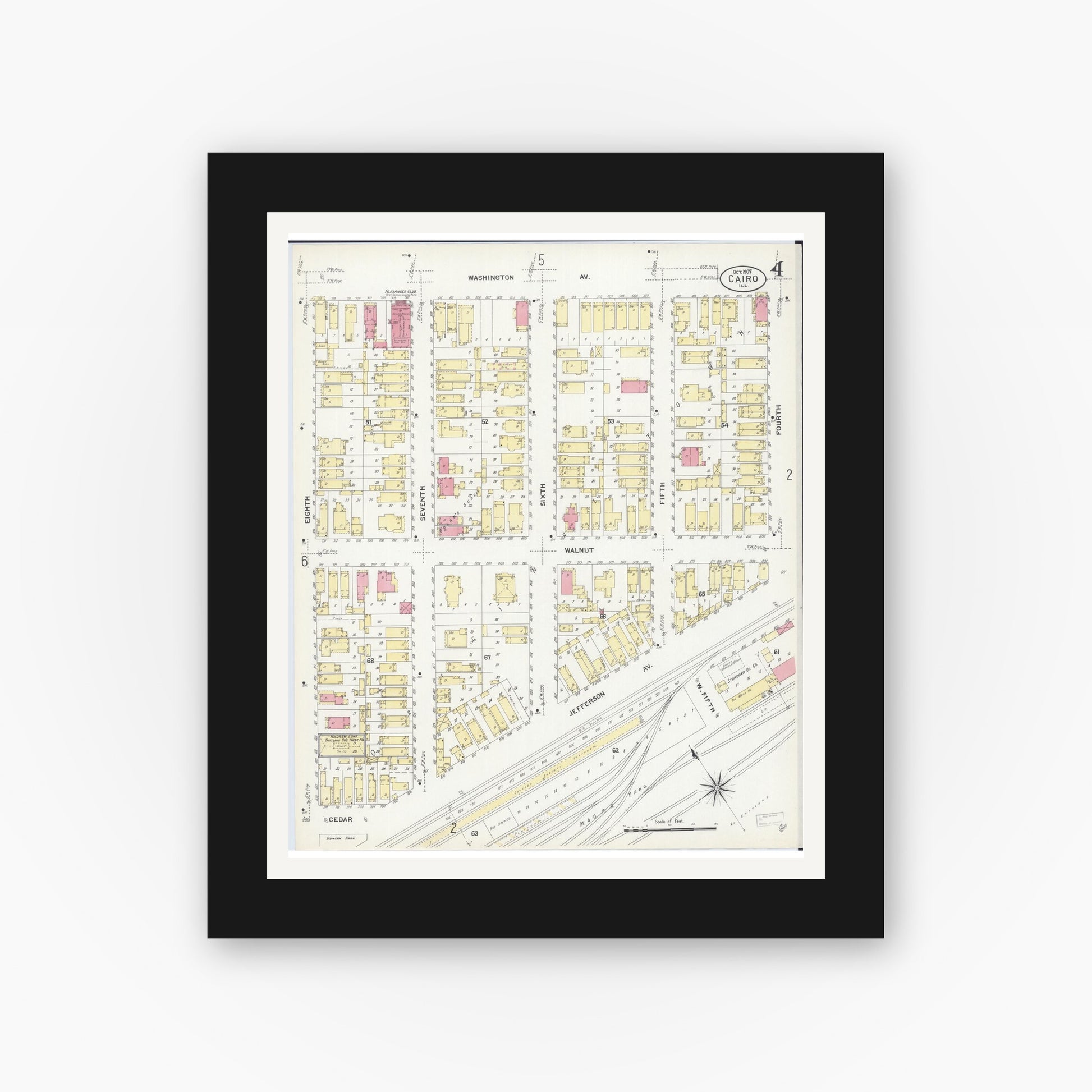 Old map wall art mockup — black gallery frame with white mat — Sanborn Fire Insurance Map from Cairo, Alexander County, Illinois (1907), Sheet #0004
