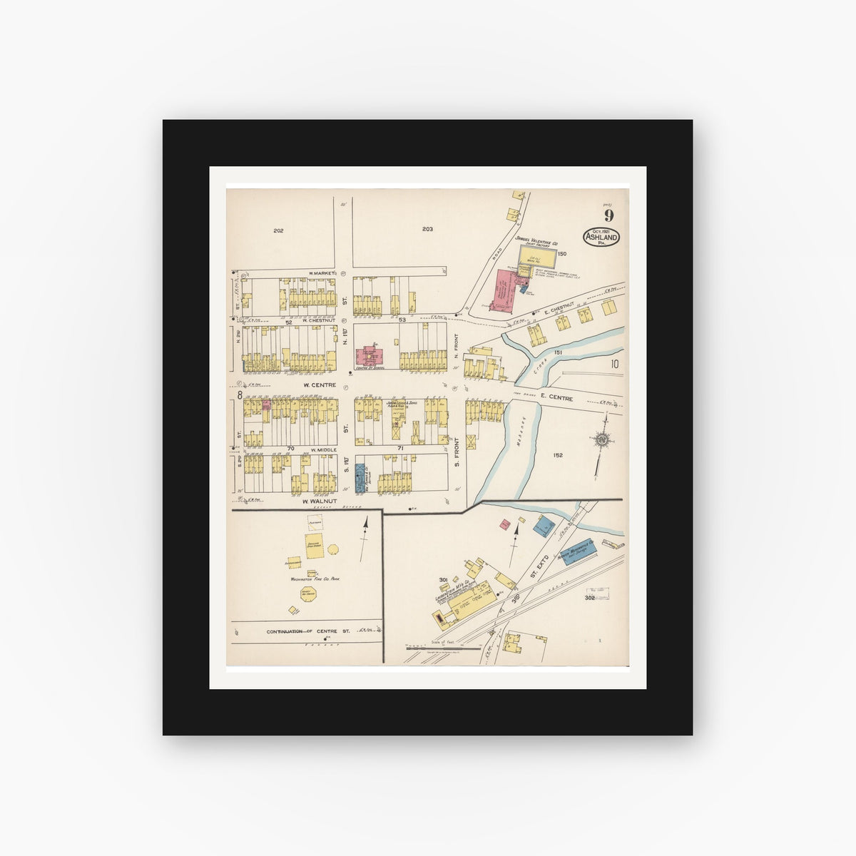 Old map wall art mockup — black gallery frame with white mat — Sanborn Fire Insurance Map from Ashland, Schuylkill County, Pennsylvania (1921), Sheet #0009