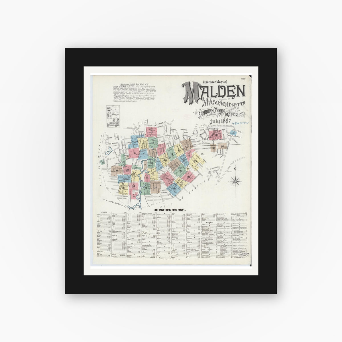Old map wall art mockup — black gallery frame with white mat — Sanborn Fire Insurance Map from Malden, Middlesex County, Massachusetts (1897), Sheet #0001