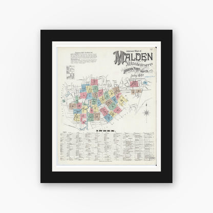 Old map wall art mockup — black gallery frame with white mat — Sanborn Fire Insurance Map from Malden, Middlesex County, Massachusetts (1897), Sheet #0001