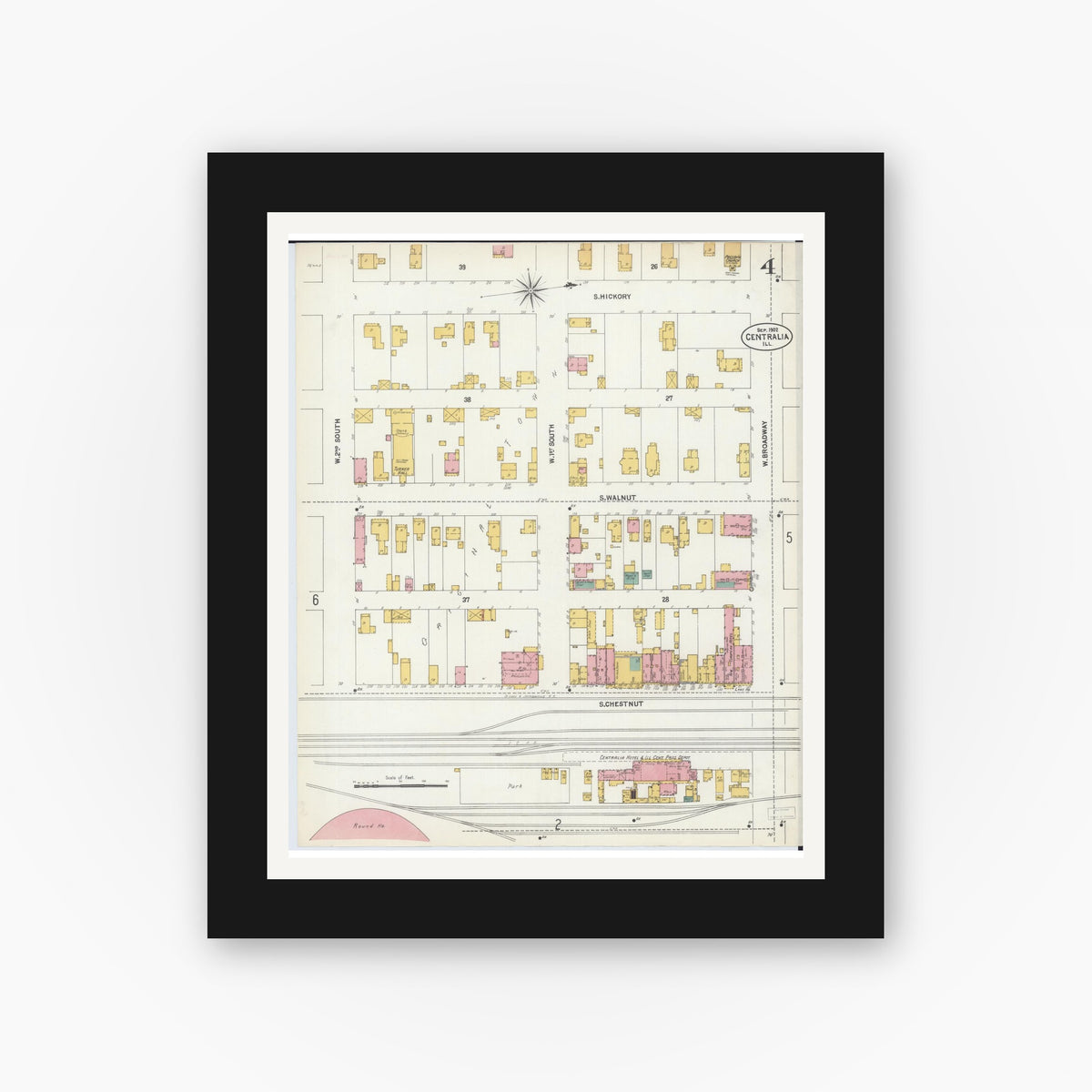 Old map wall art mockup — black gallery frame with white mat — Sanborn Fire Insurance Map from Centralia, Marion, Clinton, Jefferson, and Washington Counties, Illinois (1902), Sheet #0004