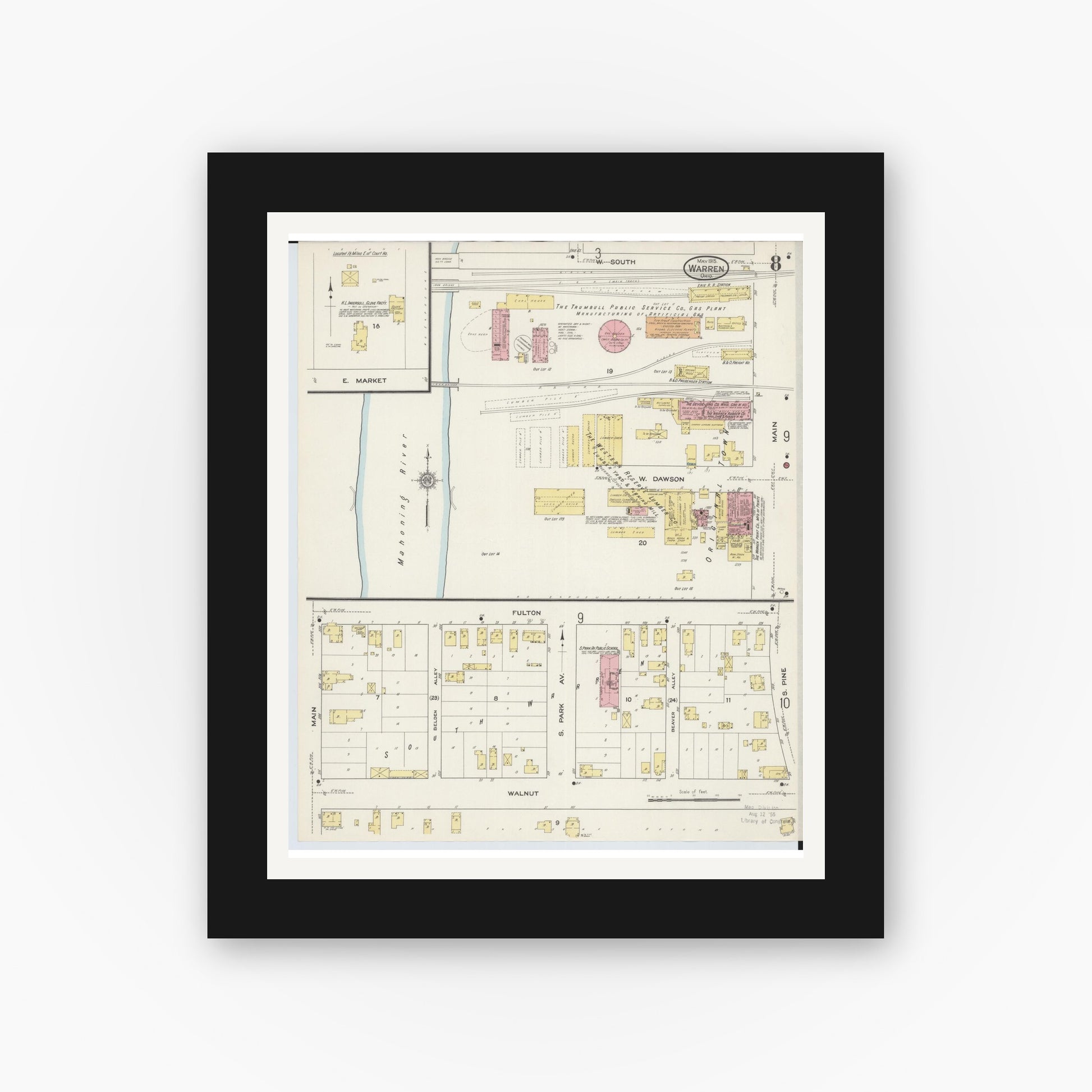 Old map wall art mockup — black gallery frame with white mat — Sanborn Fire Insurance Map from Warren, Trumbull County, Ohio (1915), Sheet #0008
